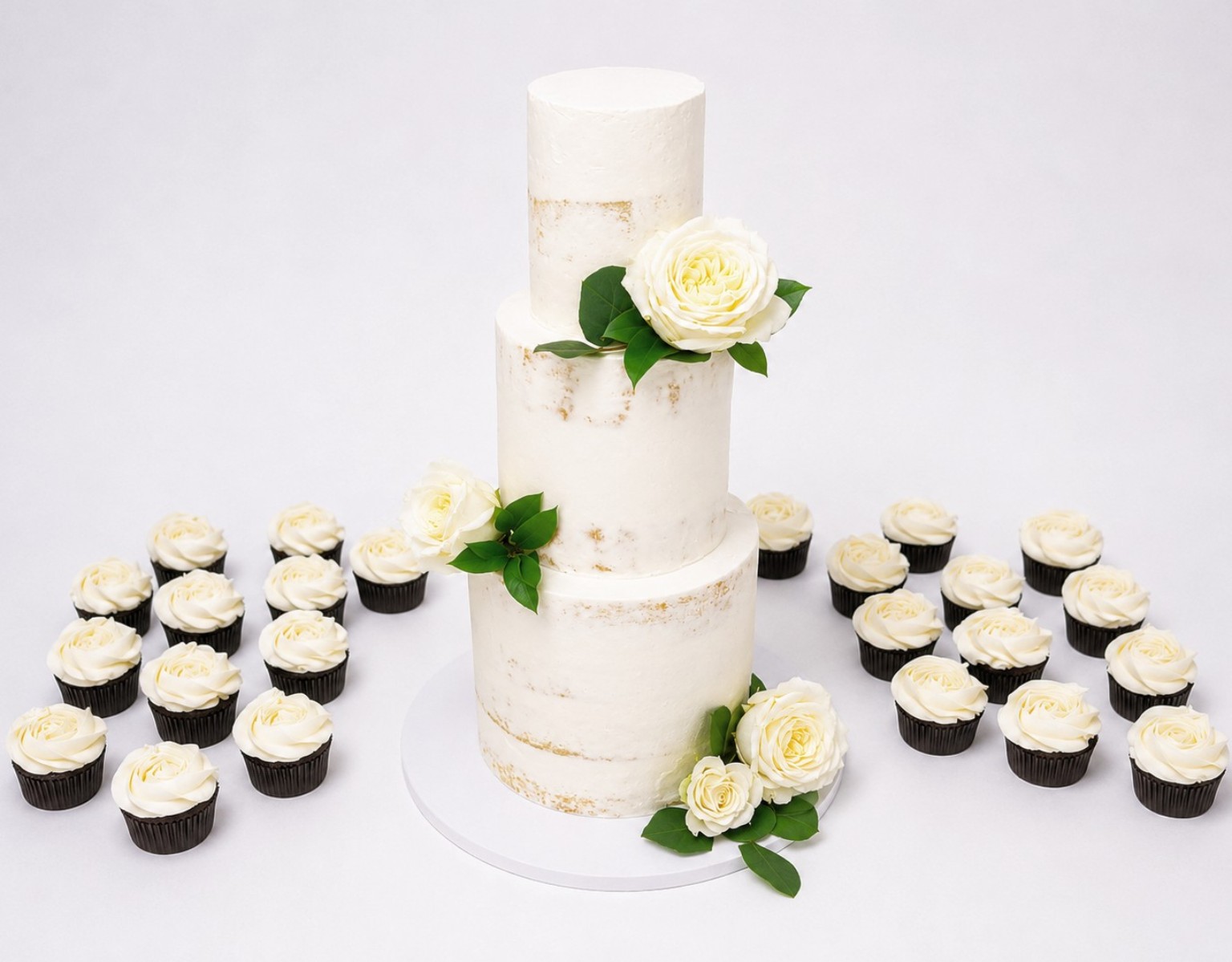 Elegant white wedding cake with flowers and cupcakes